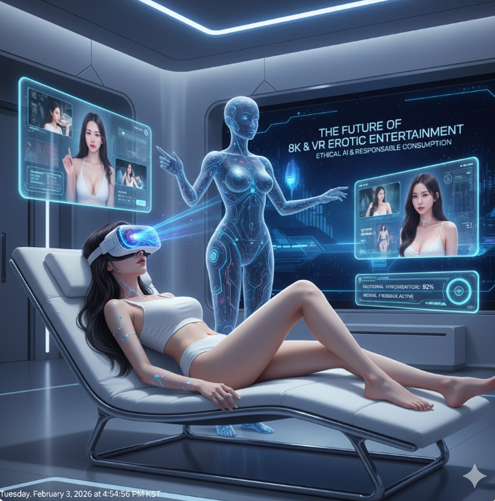 AI 업스케일링과 VR 기술이 결합한 미래형 콘셉트 아트는 사용자가 단순 시청을 넘어 가상 현실 속에서 콘텐츠를 경험하게 될 것임을 시사합니다