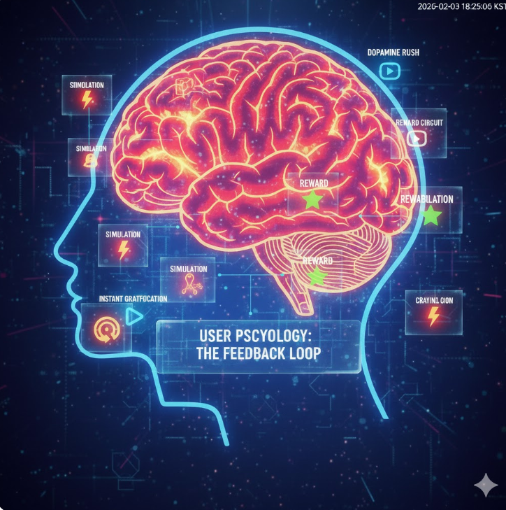 심리적 영향: '도파민 분출(Dopamine Rush)'이나 '보상 회로(Reward Circuit)'와 같은 뇌 과학적 시각 자료를 통해, 반복적인 소비가 뇌의 피드백 루프에 미치는 심리적 메커니즘을 경고합니다.