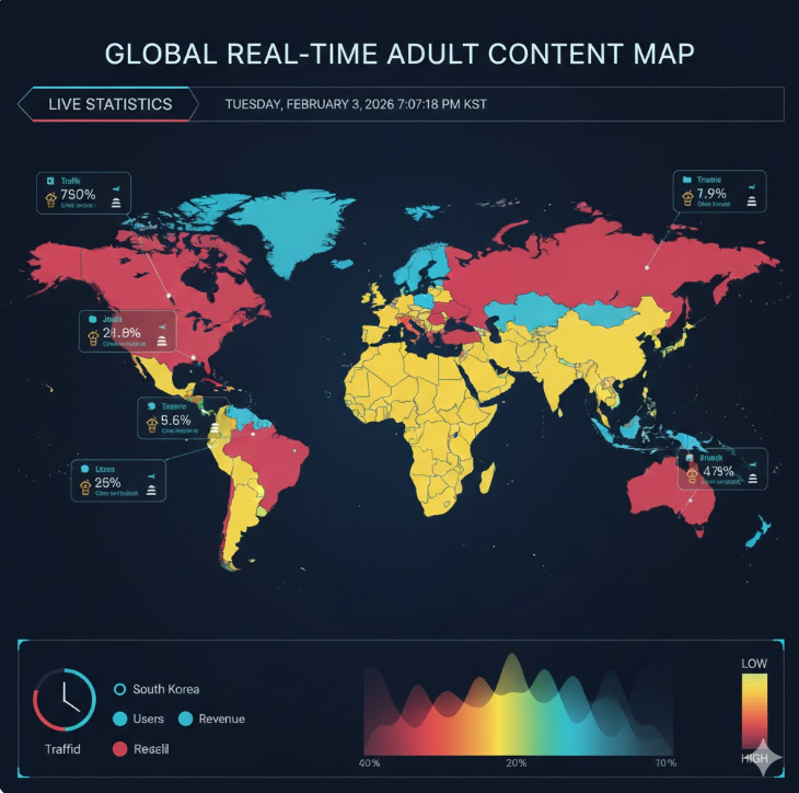 데이터 시각화: 글로벌 트래픽 지도와 시간대별 소비 패턴 차트를 통해 실시간 야동 시장의 규모와 사회적 이용 현황을 직관적으로 나타냅니다.