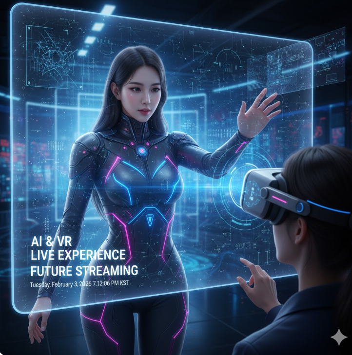 미래형 스트리밍 기술: AI 아바타와 VR(가상현실) 기술을 결합하여 화면 너머의 생생한 연결감을 선사하는 차세대 콘텐츠 개념을 보여줍니다.