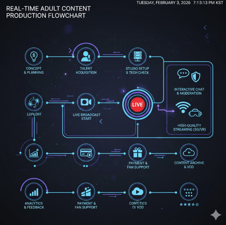 데이터와 분석: 글로벌 트래픽 지도와 제작 프로세스 플로우차트를 통해 시장의 규모와 체계적인 콘텐츠 공급 구조를 나타냅니다.