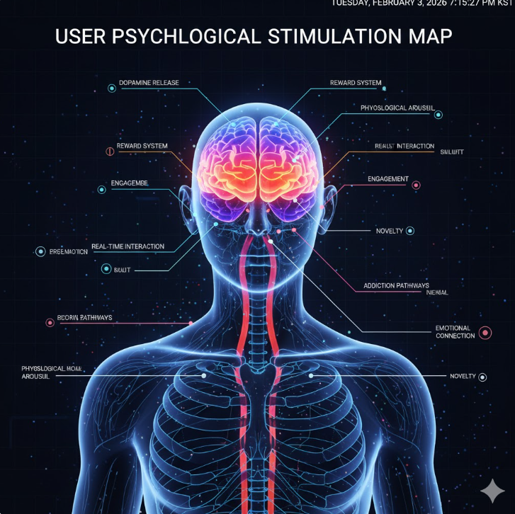 심리적 영향 시각화: 인체 자극 맵을 통해 도파민 분비 및 보상 체계 등 실시간 콘텐츠가 사용자에게 미치는 심리적 자극과 중독 가능성을 경고합니다.