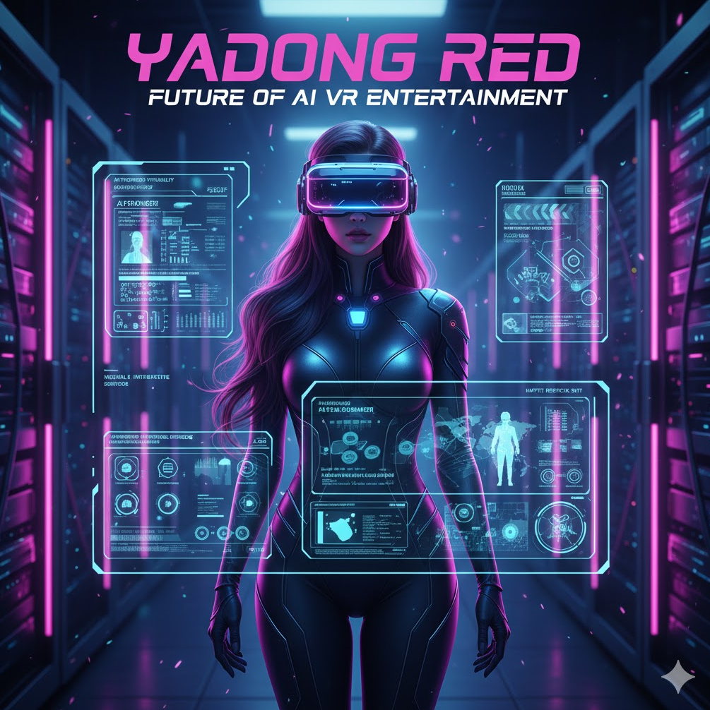 가상 현실(VR) 기기를 착용한 캐릭터와 복잡한 서버실 배경은 AI VR 엔터테인먼트로의 발전을 상징합니다.