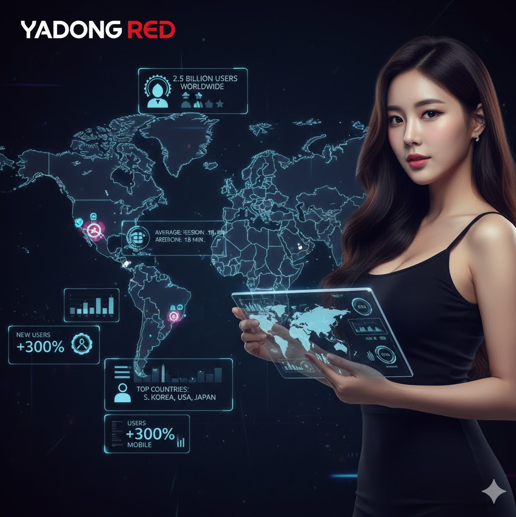 글로벌 통계와 미래 기술: 세계 지도와 데이터 아이콘을 통해 글로벌 이용 패턴을 분석하며, 향후 블록체인 및 AI·VR 결합을 통해 2조 원 규모로 성장할 미래 지향적 컨셉을 담고 있습니다.