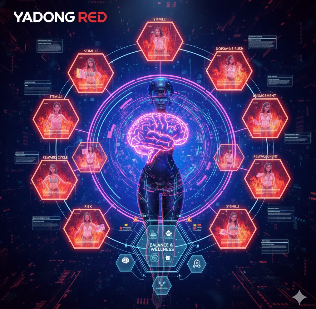 뇌 이미지와 심리 맵은 '도파민 분출(Dopamine Rush)'과 같은 자극 요소를 직관적으로 표현하며