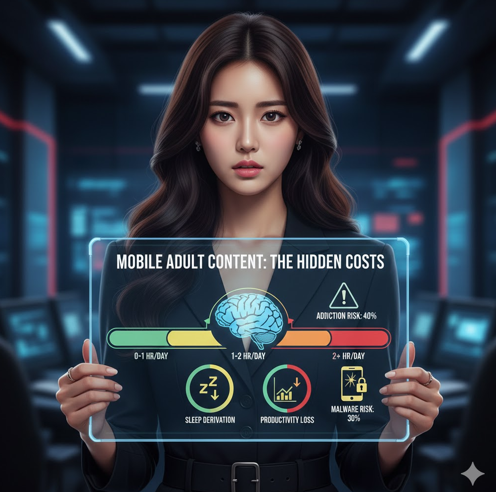 사회적 경각심: 'Hidden Costs' 이미지는 과도한 시청이 초래하는 수면 부족, 생산성 저하, 그리고 악성코드 감염(30%) 및 중독 위험(40%) 등 심리적·기능적 부작용을 경고합니다.