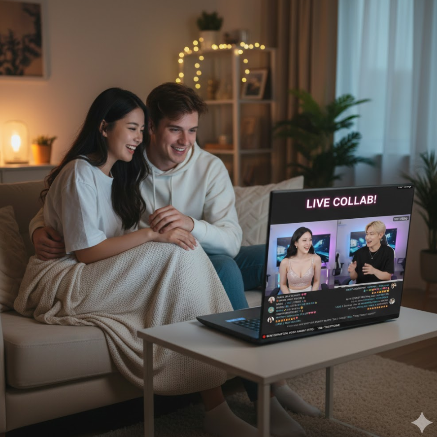  편안한 방 안에서 노트북으로 BJ 방송 보는 모습