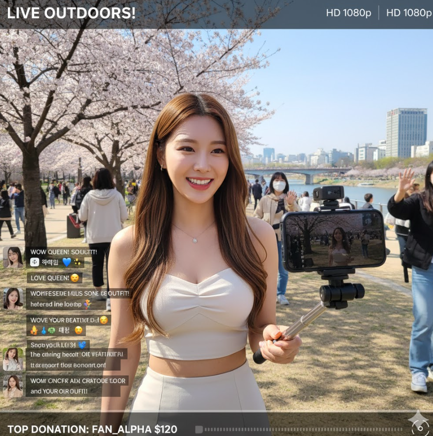 여자BJ 야외 소통방송 모습