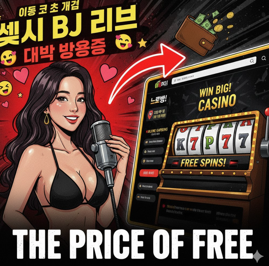 화려한 BJ 스트리밍 배너와 빨간 화살표로 이어진 도박 사이트, 지갑이 날아가는 코믹한 일러스트, “공짜의 대가” 큰 텍스트