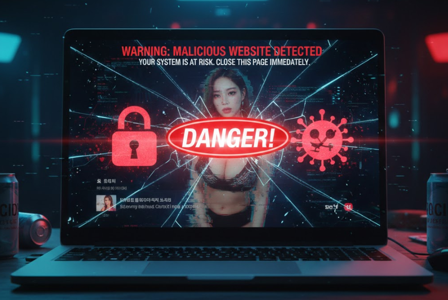 스마트폰 화면에 바이러스 경고창과 깨진 자물쇠, 빨간 “위험!” 아이콘
