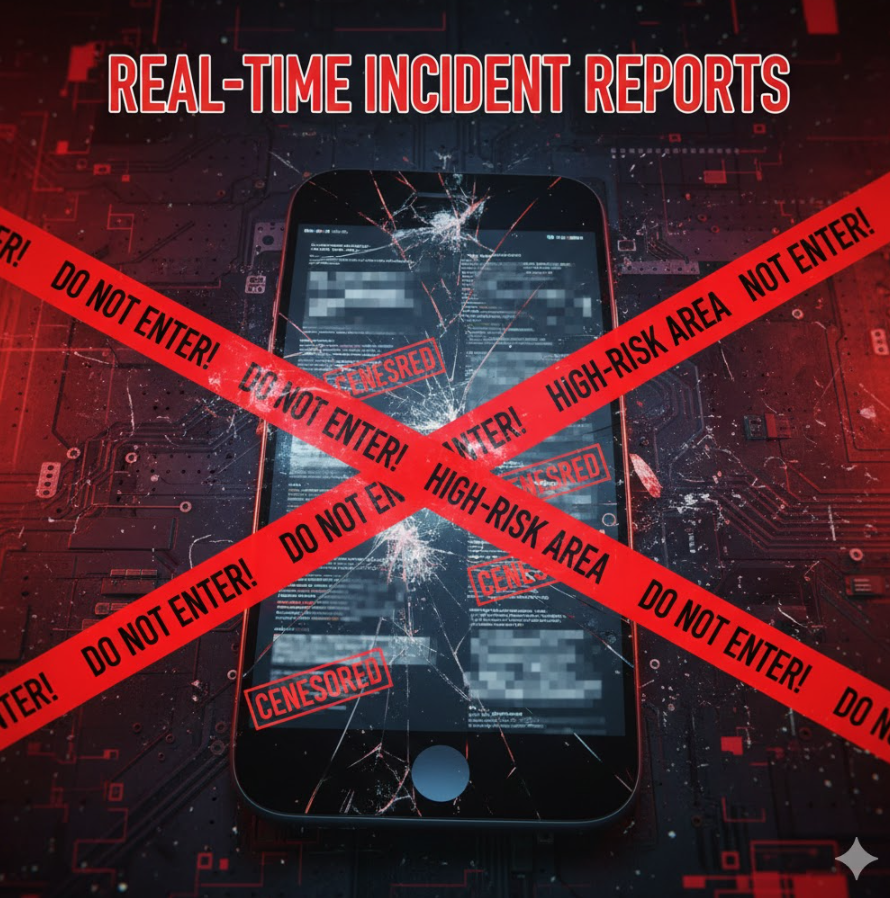 깨진 스마트폰과 빨간 경고 테이프, “실시간 사고 사례” 텍스트가 들어간 강렬한 경고 이미지