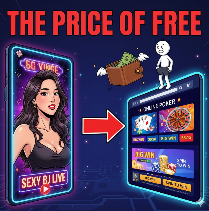 화려한 BJ 스트리밍 배너와 빨간 화살표로 이어진 도박 사이트, 지갑이 날아가는 코믹한 일러스트