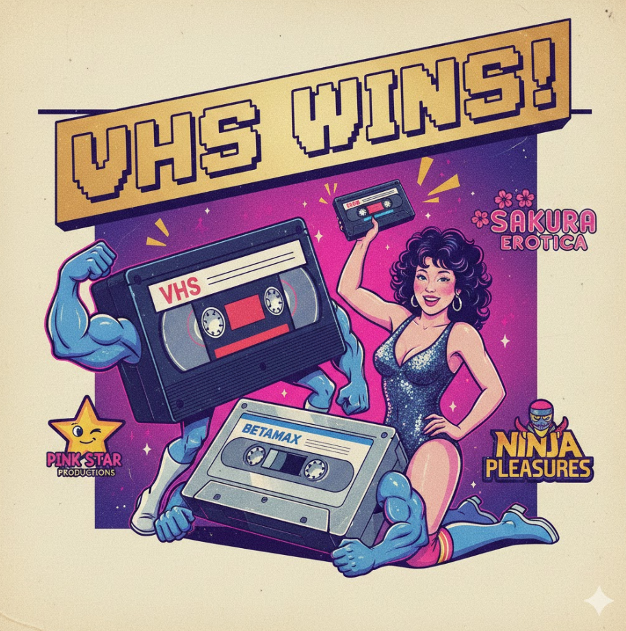 두 포맷의 비디오 테이프가 대결하는 모습과 일본 AV 제작사 로고가 함께 배치되어 있고, 배경에 “VHS 승리” 큰 금색 텍스트가 들어간 레트로하고 유머러스한 디자인입니다. 