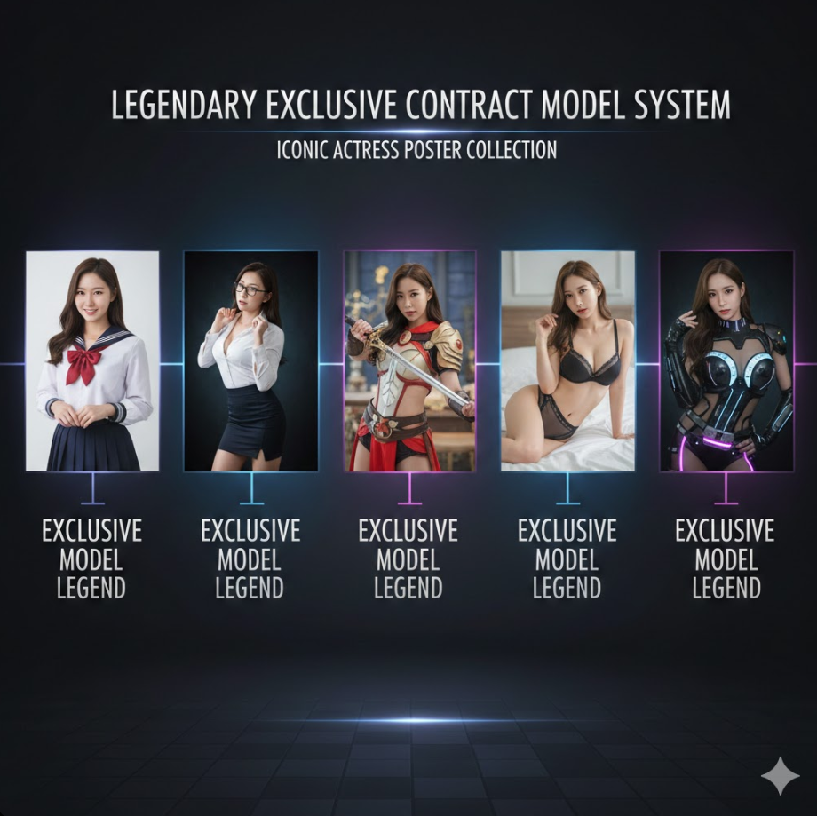 한 배우가 여러 시리즈에서 다른 컨셉으로 등장하는 사진들이 타임라인 형태로 배치되어 있고