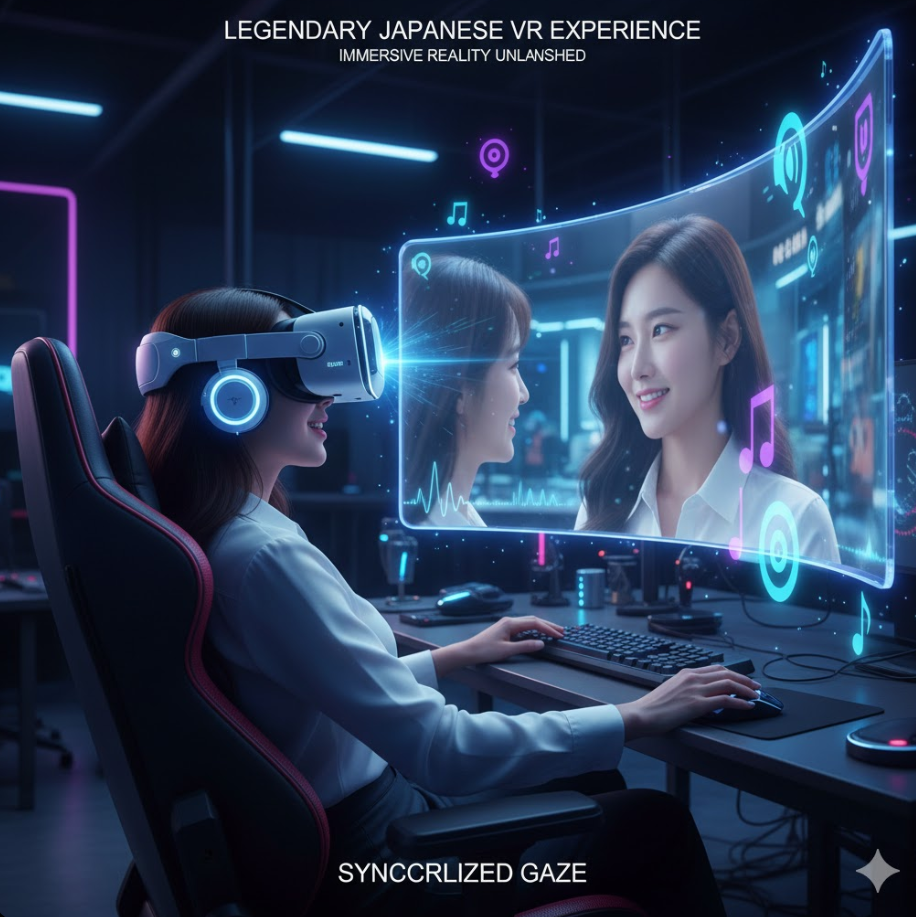  VR 헤드셋을 쓴 사람이 화면 속 배우와 시선이 마주치는 생생한 장면