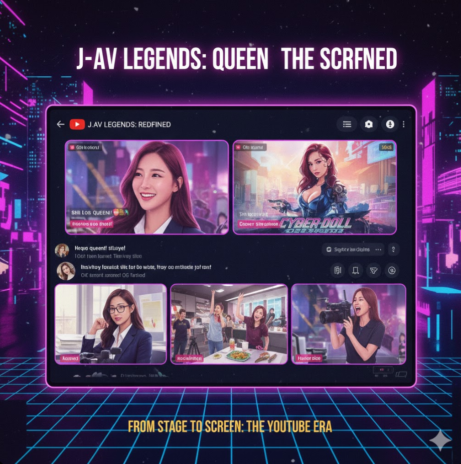 레전드 일본 야동 배우 유튜브 진출 현상 콜라주로, 유튜브 방송 화면, 과거 작품 회상 장면, 새로운 콘텐츠 제작 모습이 함께 배치되어 있고