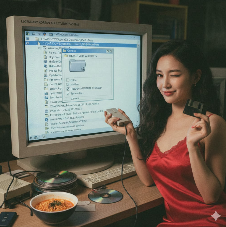 Windows 탐색기 화면에 시스템 폴더 깊숙이 숨겨진 폴더와 위장 이름, 숨김 속성 체크가 표시된 레트로 PC 화면 스타일의 유머러스한 장면입니다