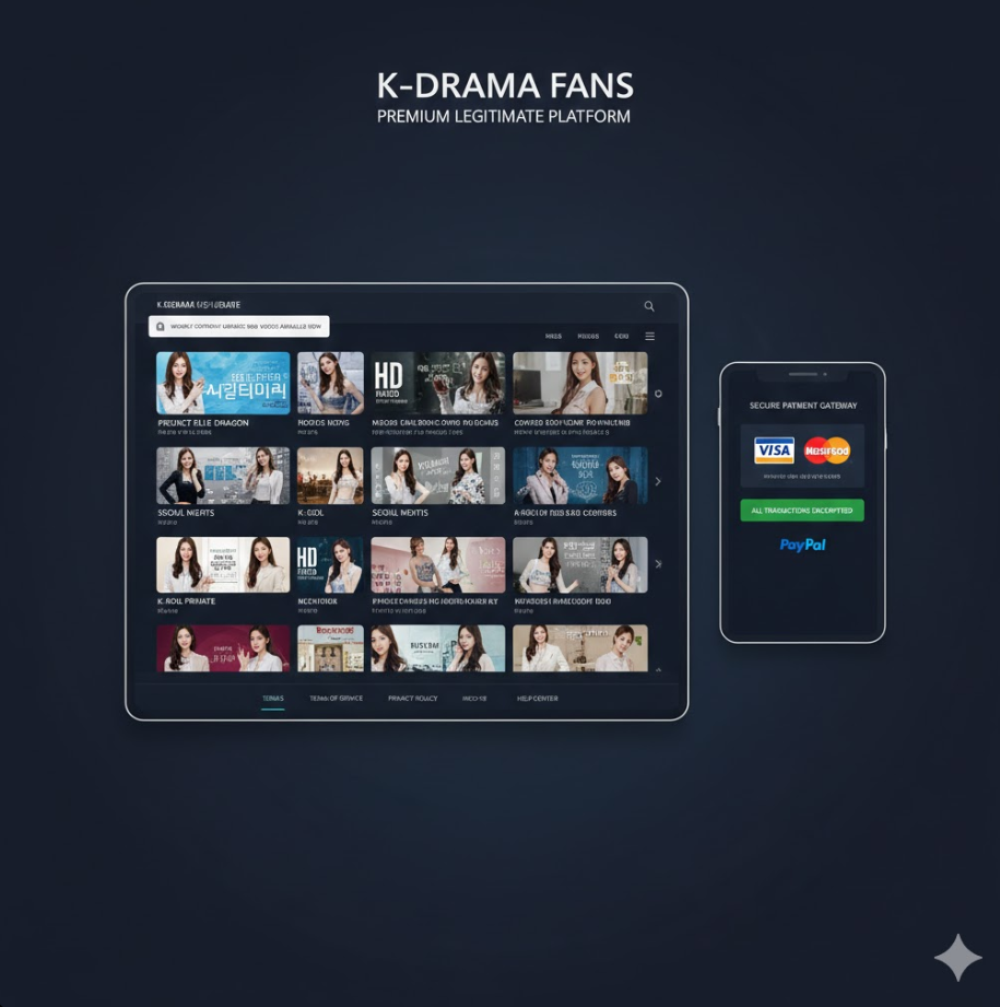 고화질 작품 목록, 안전 결제 시스템, 정기 업데이트 알림이 표시되어 있고, 전문적이고 신뢰감 있는 디자인입니다.