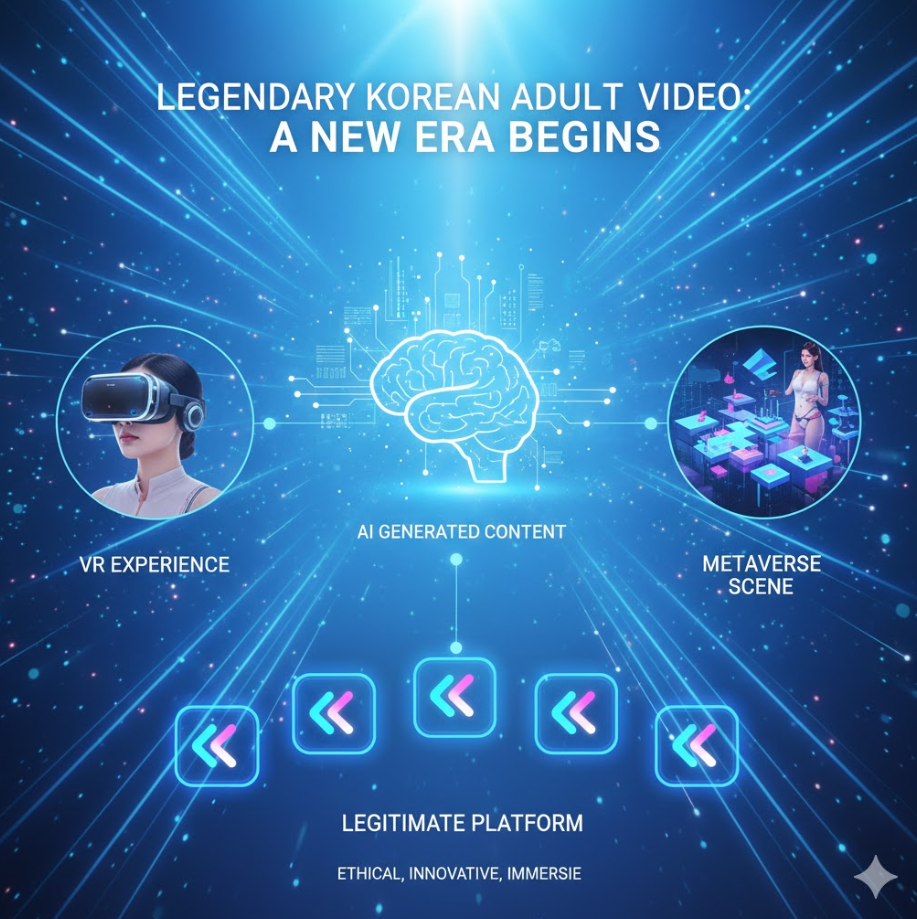레전드 한국 야동 미래 비전 인포그래픽으로, AI 생성 콘텐츠, VR 체험, 메타버스 장면,