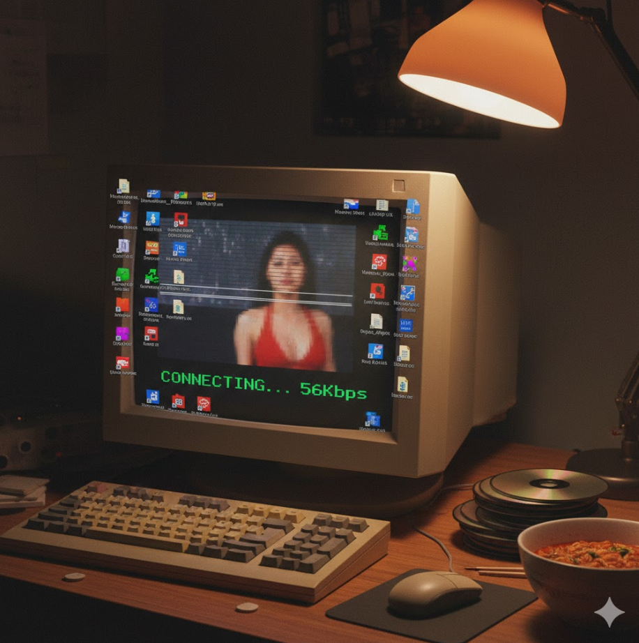 CRT 모니터에 한 줄씩 천천히 내려오는 저화질 이미지와 “연결 중… 56Kbps” 표시