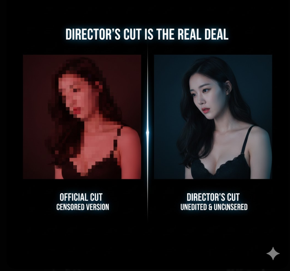 무삭제 레전드 야동 감독판과 공식판 비교 이미지로, 동일 장면의 모자이크 버전과 무삭제 버전이 좌우로 배치되어 있고