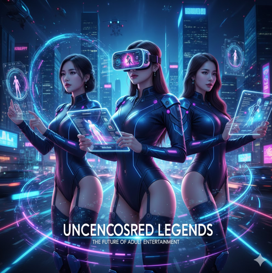 : VR(가상현실), 홀로그램 디스플레이, 사이버펑크 스타일의 도시 배경을 통해 초고화질 무삭제 콘텐츠가 단순한 영상을 넘어 몰입형 경험으로 진화할 것임을 암시합니다.