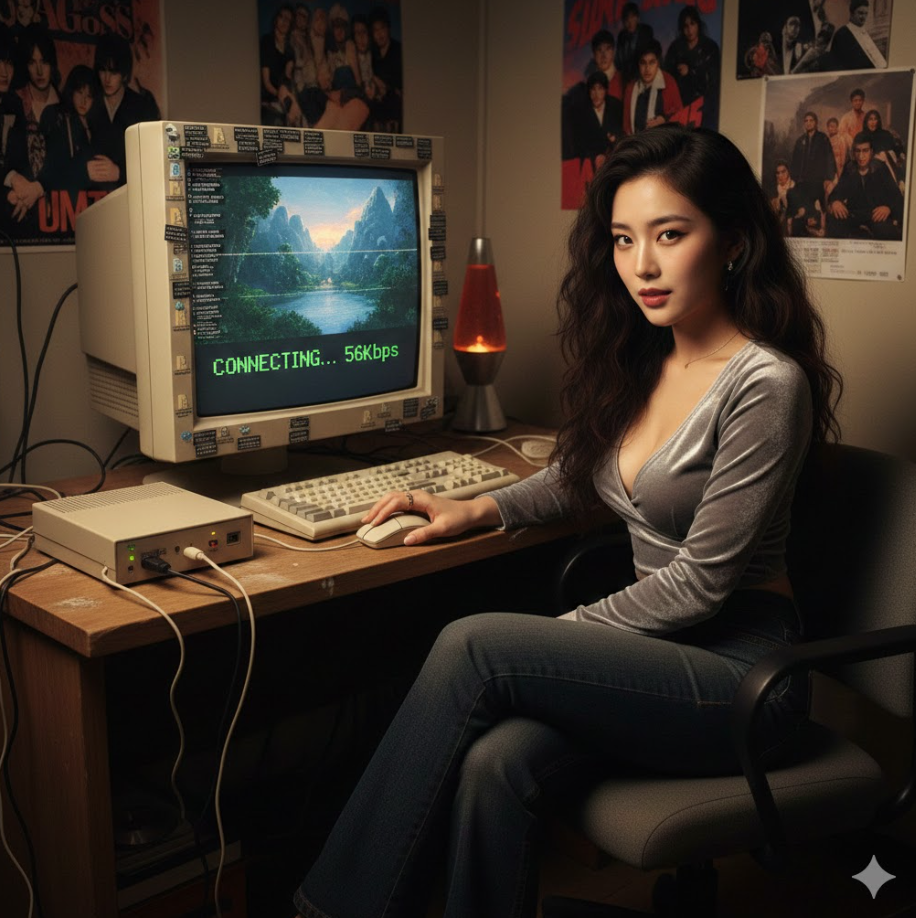 2000년대 초반 56K 모뎀 로딩 재현 이미지로, CRT 모니터에 한 줄씩 천천히 내려오는 저화질 이미지
