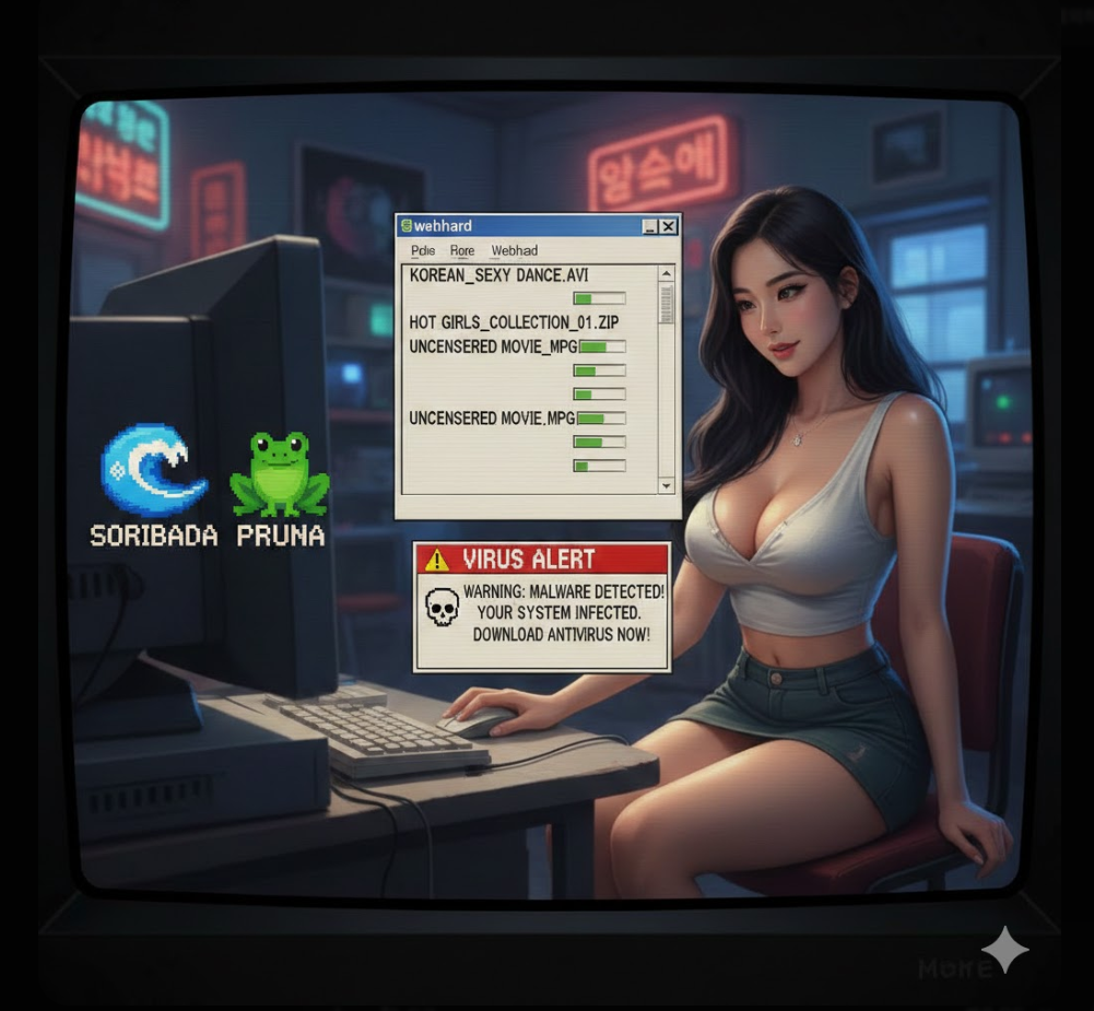 소리바다와 프루나 아이콘, 웹하드 다운로드 목록, 바이러스 경고 창이 함께 배치되어 있고, 레트로한 PC 화면 스타일의 디자인입니다