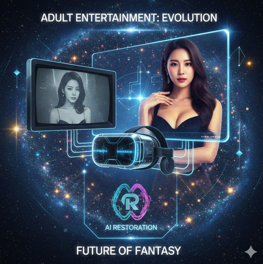 미래 지향적 콜라주 이미지로, 과거 저화질 화면과 현재 4K 화면, VR 헤드셋, AI 복원 기술 아이콘이 함께 배치되어 있고 밝은 미래감을 주는 디자인입니다