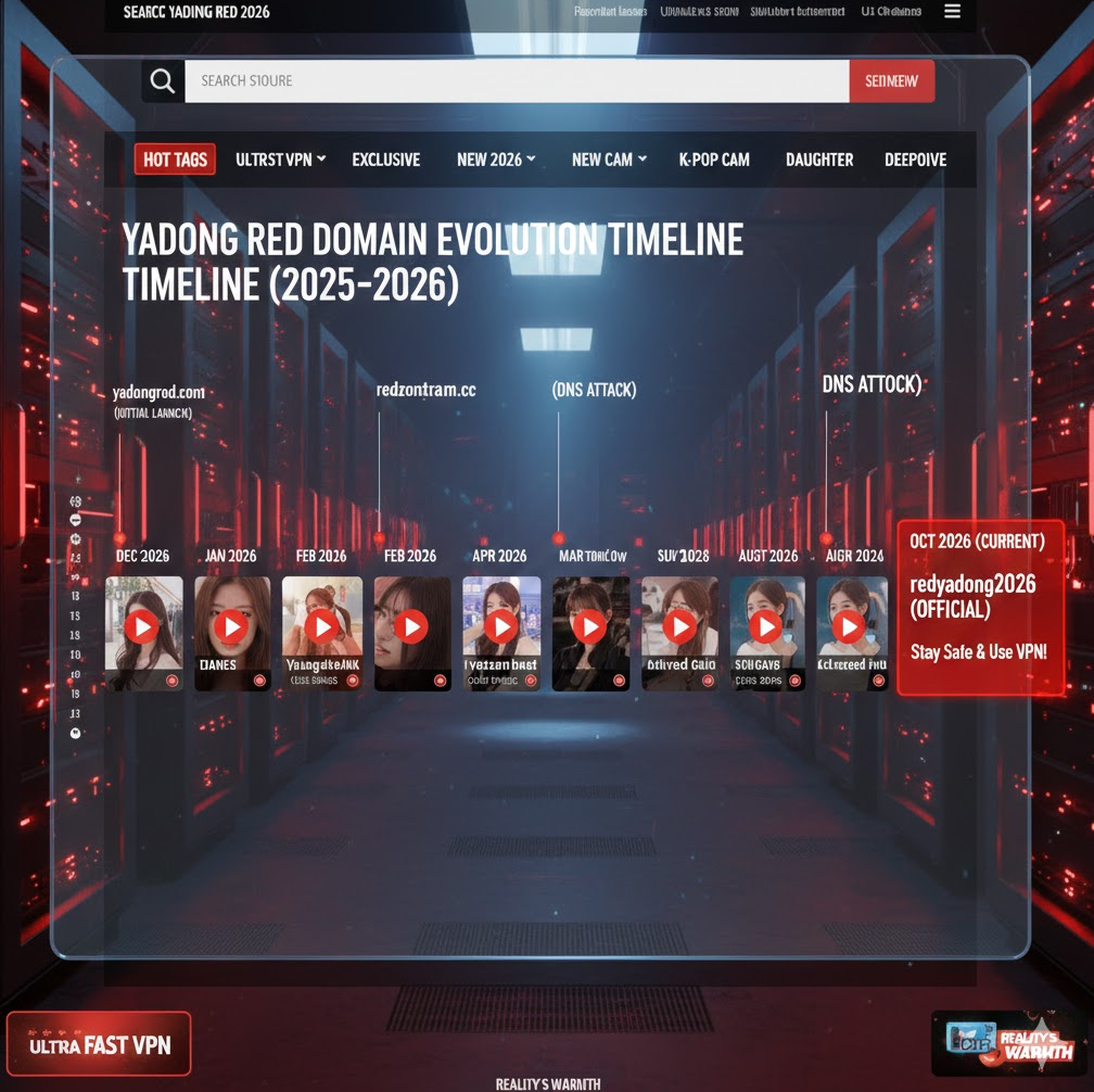 레드야동 도메인 변경 히스토리 타임라인 – 2025년 말부터 2026년 현재까지 주소 변화 날짜와 도메인 표시된 그래픽