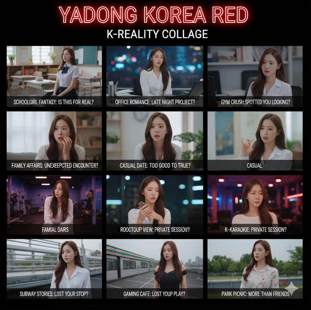 야동코리아레드 대표 장르 콜라주로, 학교물·오피스·가족물 등 K-특유의 현실감 넘치는 장면들이 격자 형태로 배치
